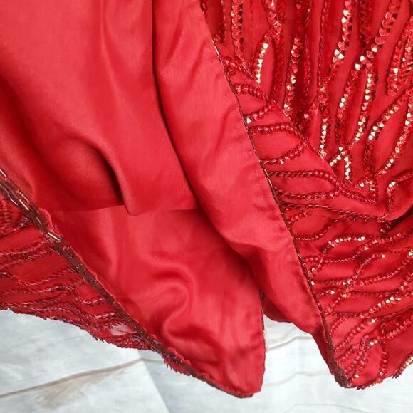 Vintage Laurence Kazar Dress Women Large Red Sequin 80s Beaded Silk Evening Glam - Picture 8 of 13